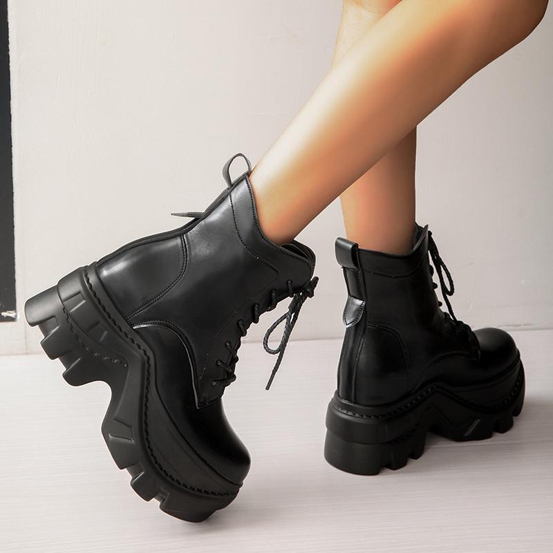 Fashion Women's Chunky Platform Combat Boots Lace Up Gothic Punk High Heel Ankle Boots Women Plus Size 42 Fashion Black Motorcycle Shoes