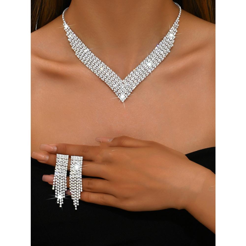 Premium Design Full Diamond Super Flash Necklace, Tassel Earrings, Bracelet, Ring Set Bridal Jewelry Set