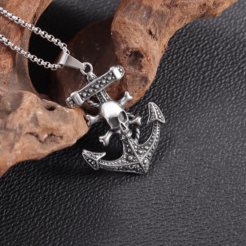 Punk Style Trendy Boat Anchor Necklace with Retro Skull Pattern Stainless Steel Pendant Necklace for Men