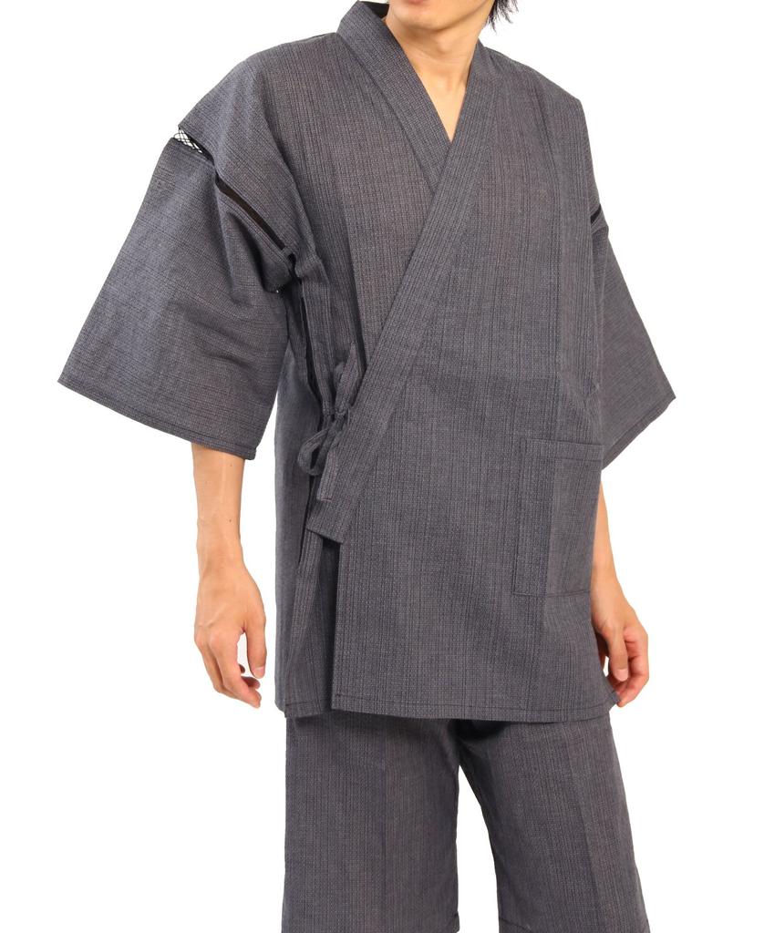 Edoten and Dyed In Small Ajiro Weave Medium Men's Shijira-ori Jinbei, Thread, Sewn, Japan, Gray, 5003GY,