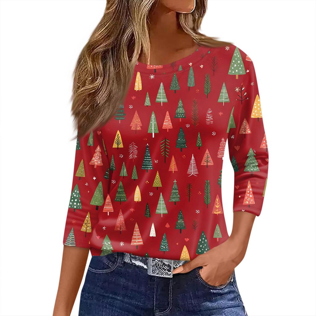 Women's T Shirt Christmas Print 3/4 Sleeve Daily Weekend Fashion Basic Round Neck Regular Top
