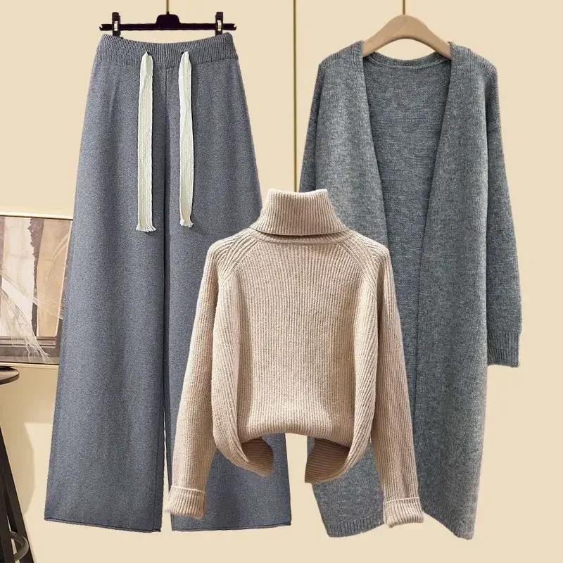 Autumn Winter Warm Knitwear Sets for Women Outfits Ladies Elegant Turtleneck Sweater+long Cardigan Jacket+wide Leg Pant Set