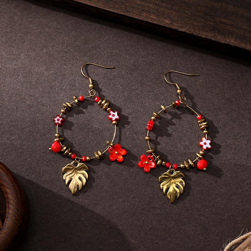 Bohemian Leaf Ceramic Crystal Flower Earrings in Titanium Steel