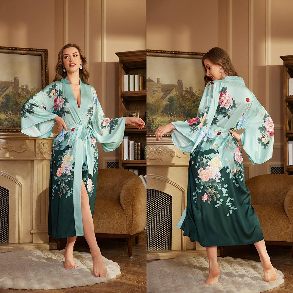 Print Satin Women Long Robe Retro Sleepwear Seven Quarter Sleeve Kimono Bathrobe Loose Home Wear