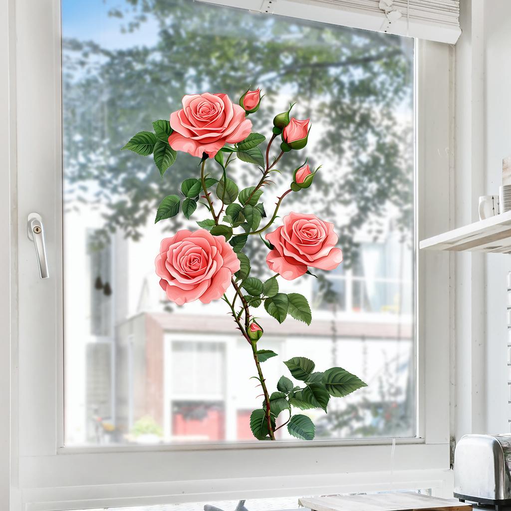 Romantic Pink Rose Window Stickers, Self-adhesive Waterproof Glass Stickers, Home Decoration Wall Stickers