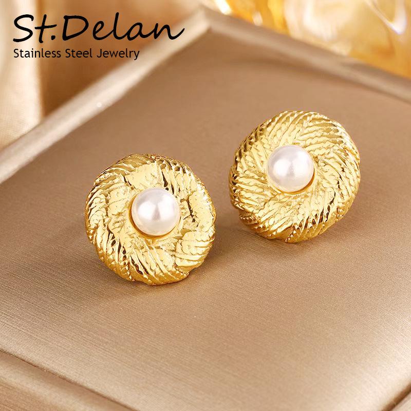 European-American Retro Titanium Steel Geometric Stud Earrings with Pearl & Shell Inlay for Women