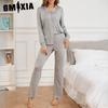 GMXIA Pyjamas Female Autumn and Winter Red New Year Christmas Ice Silk Long-sleeved Shirt Trousers Two-piece Homewear
