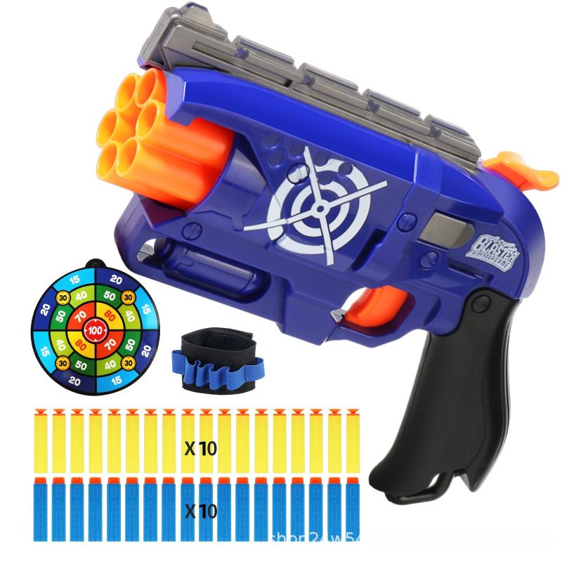 

Children 6-Shot Soft Bullet Gun with 20 Bullets Target Wristband Manual Toy Gun Indoor Outdoor Shooting Games Kids Gifts