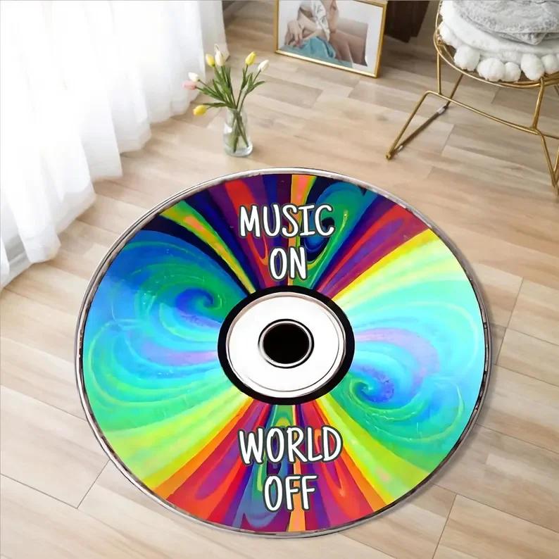Runder Retro-Schallplatten-Teppich – Bedruckter Musikteppich für Wohn- oder Schlafzimmer – Maschinenwaschbar, rutschfeste Bodenmatte