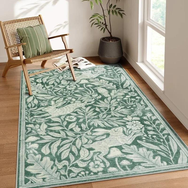 Living Room Carpet Soft Washable Rugs for Dining Room Vintage Print Green Bedroom Carpets Stain Resistant Coffee Table Floor Mat