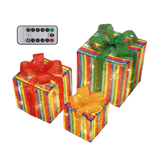 3 Stück Weihnachtsgeschenkboxen mit Beleuchtung und Schleife LED Leuchtende Geschenkboxen für Innen- und Außenbereich Zuhause Veranda Weihnachtsbaum Partydeko