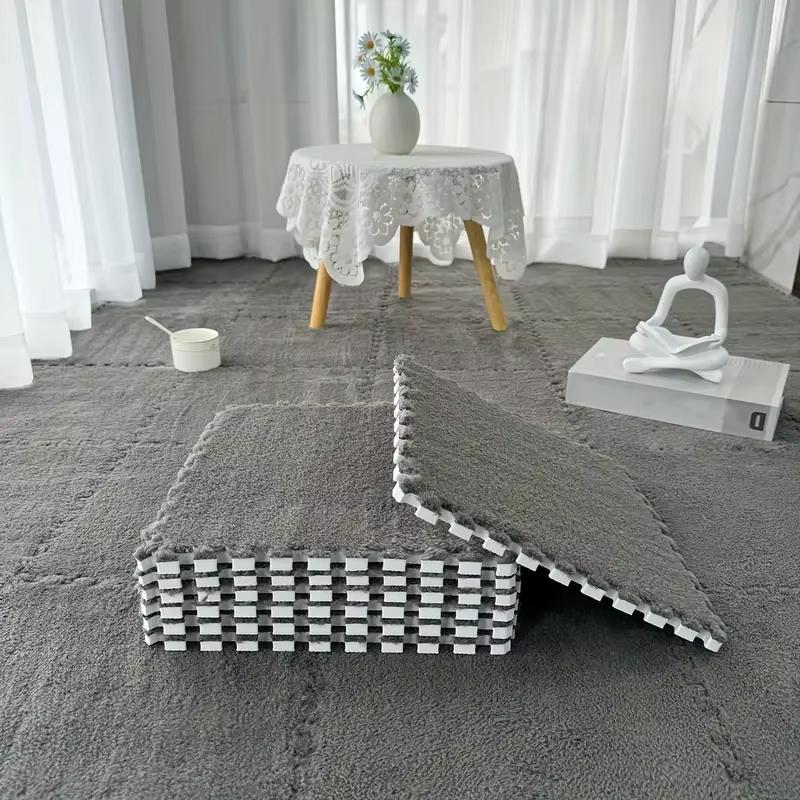 15Pcs Interlocking Fluffy Tiles with Border Square Rug Plush Puzzle Foam Floor Mat for Kids Thick Bedroom Floor Decoration