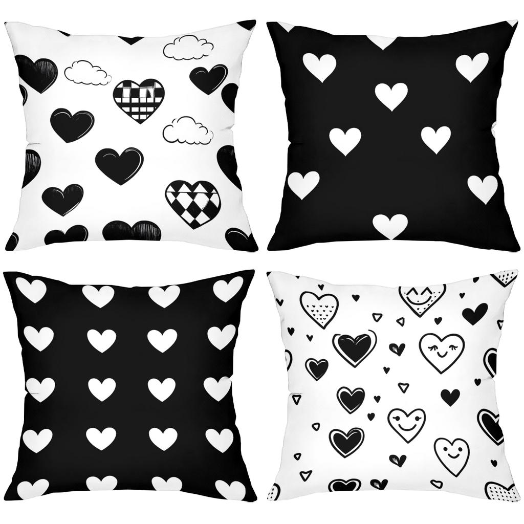 2D Flat Printing Black And White Heart Pattern Decorative Throw Pillows Polyester Pillowcase, Sofa Decorative Cushion Cov