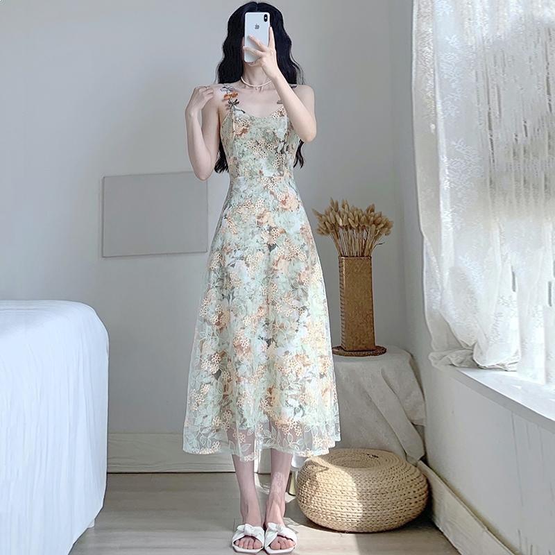 Vintage French Retro Slip Dress With Knit Fabric For Summer Casual Wear