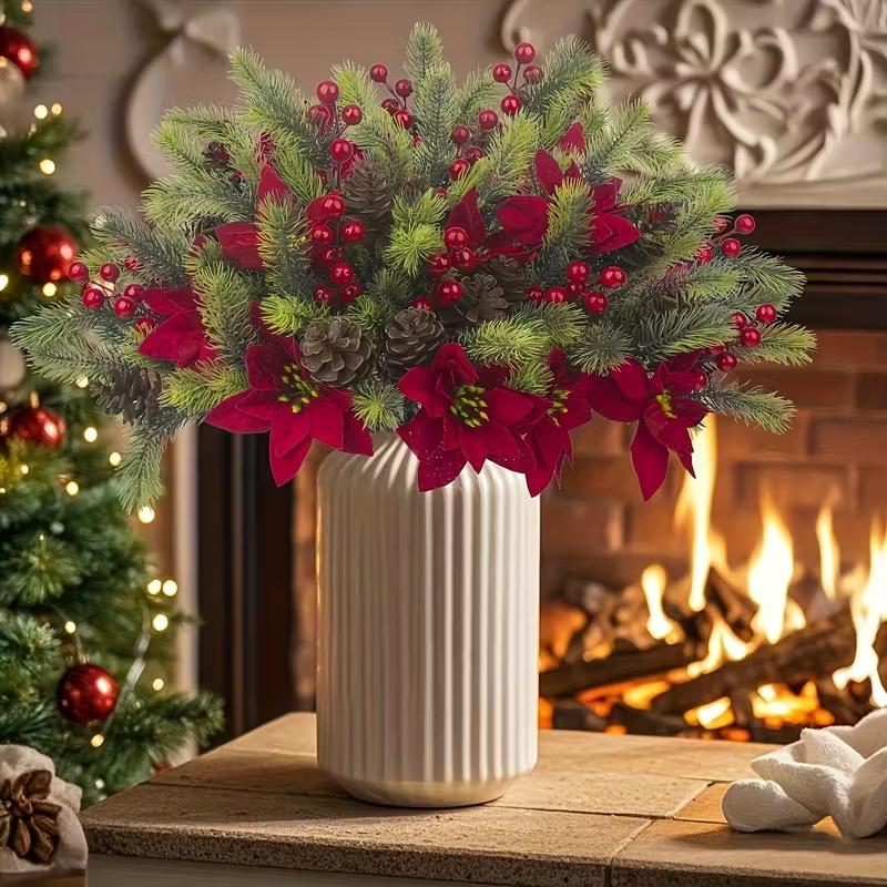 4pcs Artificial Christmas Pine Branches with Red Berries, Artificial Evergreen Branches, Classic Poinsettia Design, Perfect for Halloween, Christmas