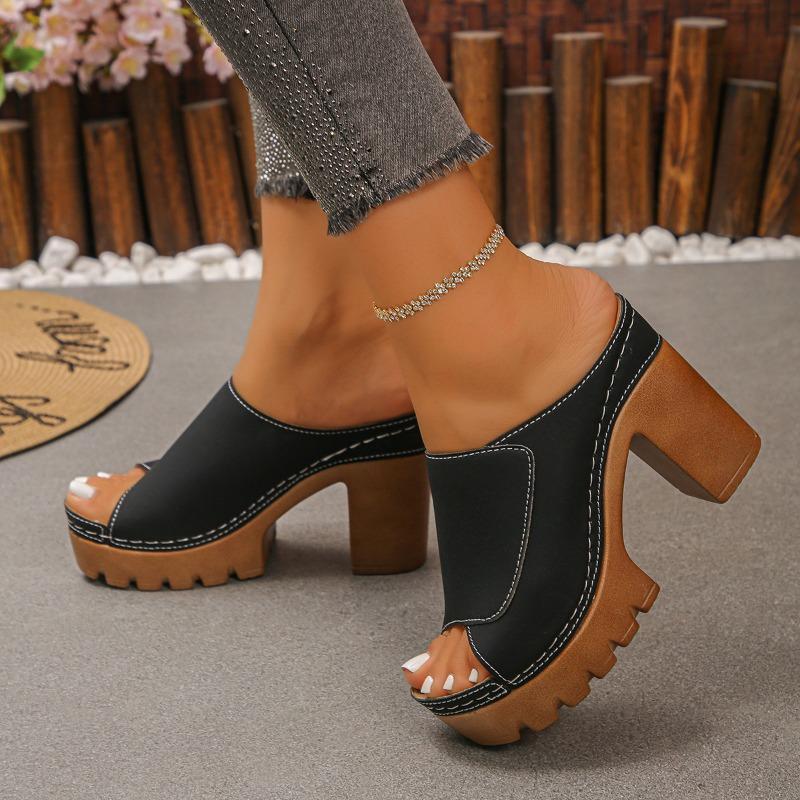 

Summer New Plus Size High Heel Chunky Heel Sandals, Stylish and Elegant European and American Style Peep Toe Plus Size Women s Sandals 35 чёрный