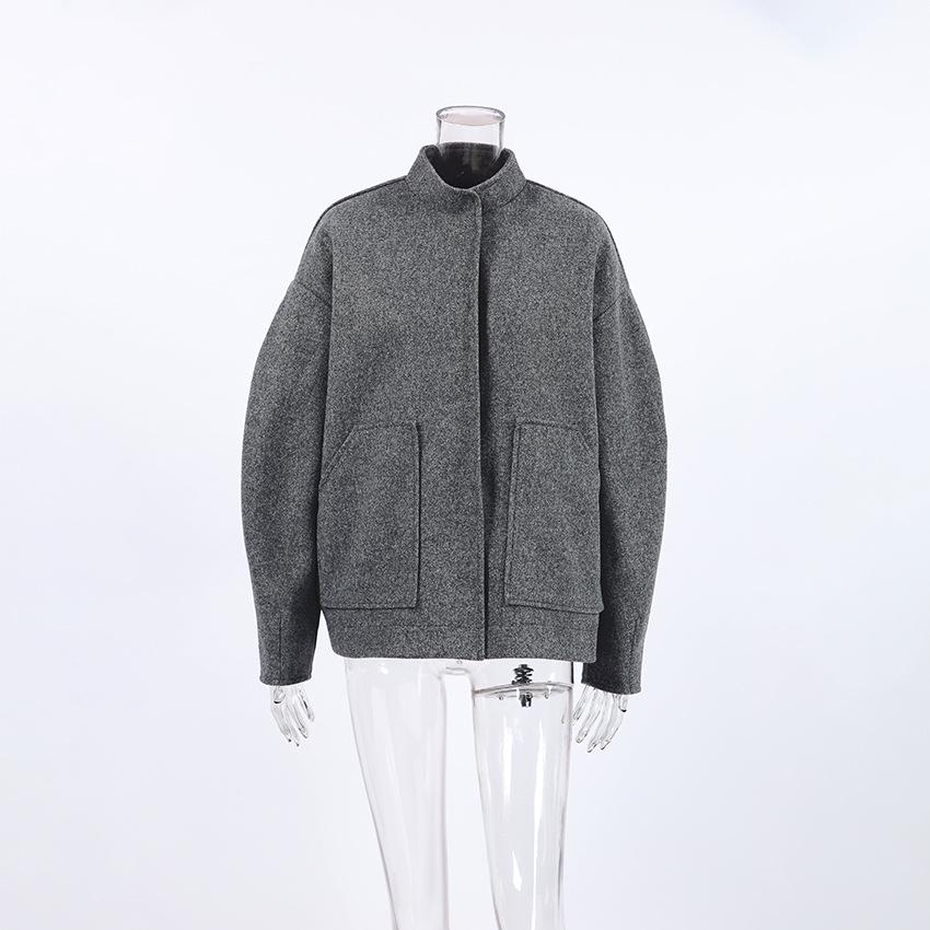 2026 Minimalist Grey Woolen Coat for Women – Early Autumn, Long Sleeve, Stand Collar, Loose Fit, Versatile High-end Top
