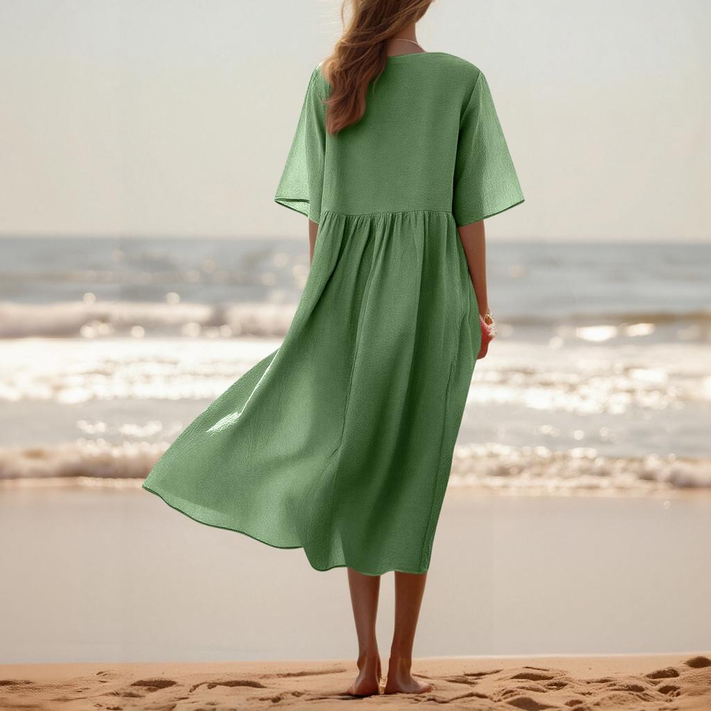 Women's Fashionable Cotton And Linen -color Round-neck Half-sleeve Casual Loose Long Dress