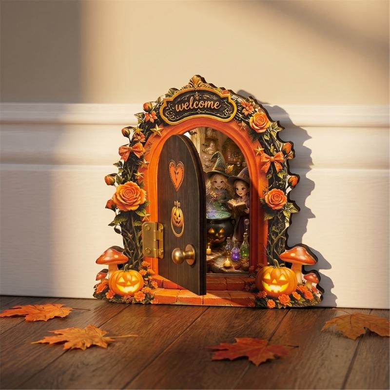 Wooden Indoor Halloween Arched Door Plaque Two Layer Sign with Round Adhesive Mounts for Party Entry Accent Use