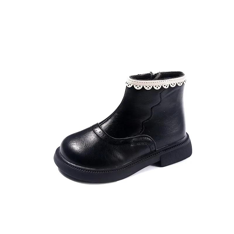 Girl Child Boots Winter Black Beige Versatile Princess Ankle Boots Sweet Ruffled Edge Versatile Kids Fashion Causal Cotton Boots