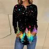 Women's Fashionable Loose-Fit Button-Down Collar Christmas Print Long-Sleeved Top