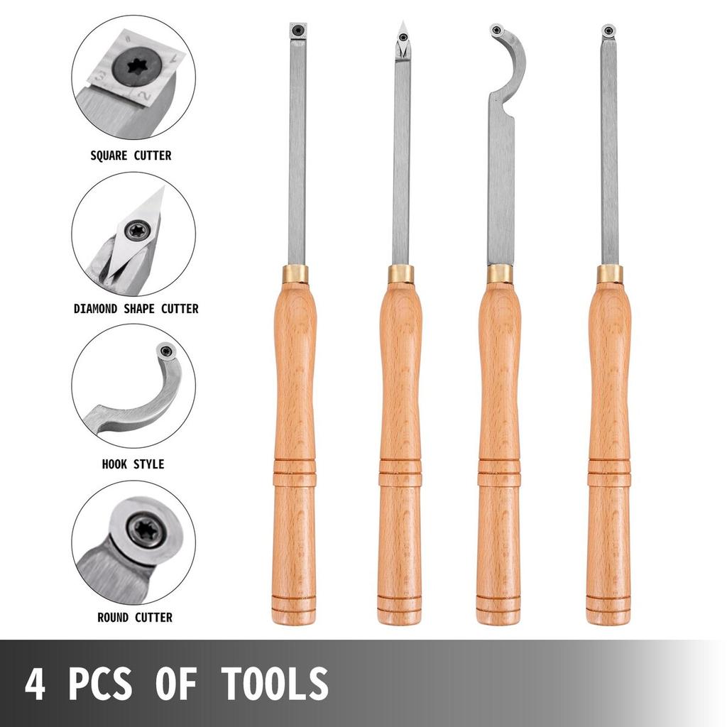 Wood Turning Tools for Lathe 4 PCS Set, Carbide Lathe Tools with Diamond Shape, Round, Square Cutters, Turning Lathe Chisels with Comfortable Grip