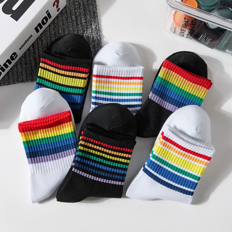 Calzini Arcobaleno, Calzini da Donna a Mezza Gamba con Pantaloni a Squalo, Calzini Lunghi da Polpaccio per Primavera e Autunno, Calzini a Strisce alla Moda e Versatili