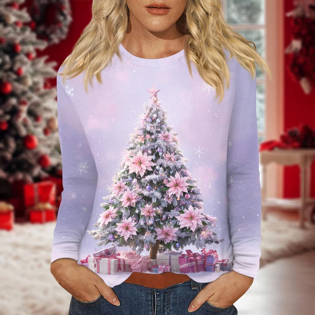 Dame Hverdagslig Langermet Trykket O-hals Topp