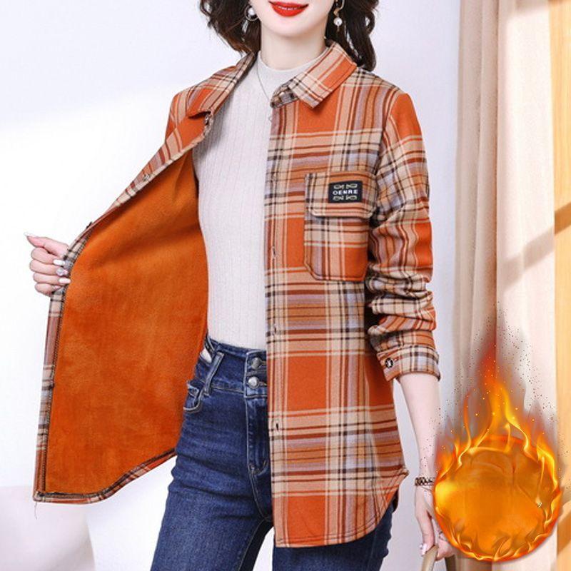 Women's Plus Size Thickened Warm Plaid Shirt Large Size Stand-up Warm Shirt