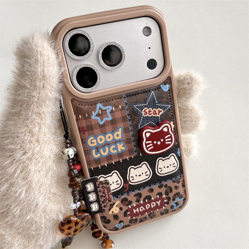 Braune Karo-Stern-Kätzchen-Handyhülle im japanischen & koreanischen Stil - Passend für iPhone17, 16ProMax/15/14