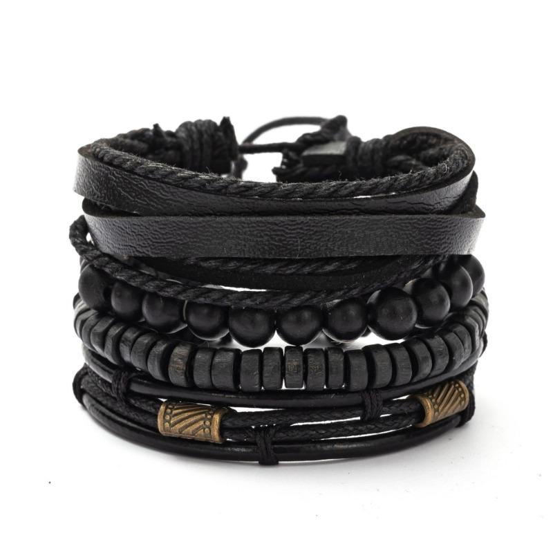 Platform hot-selling retro literary style bronze bundle leather wooden bead set bracelet fashion