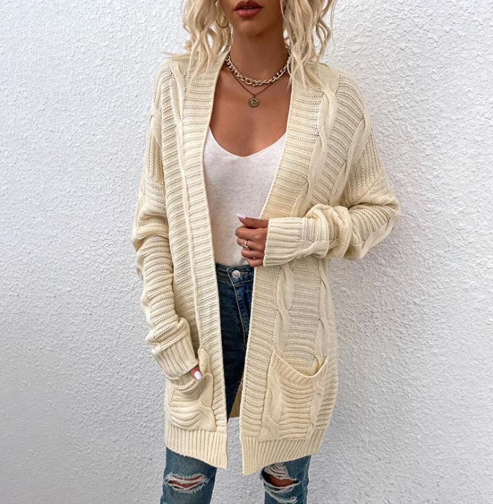 Autumn and winter loose casual twist knitted cardigan European and American pocket medium and long sweater jacket