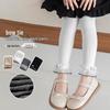Girls' Brushed Cotton Leggings with Bow & Lace Trim - Autumn/Winter Fleece, Nine-Point Length