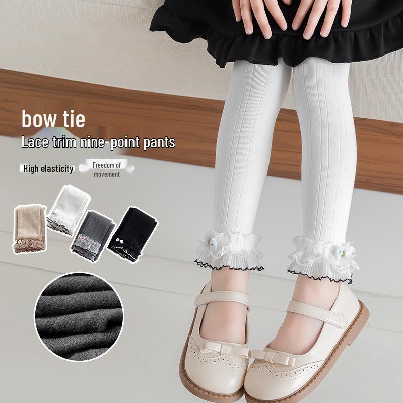 Girls' Brushed Cotton Leggings with Bow & Lace Trim - Autumn/Winter Fleece, Nine-Point Length