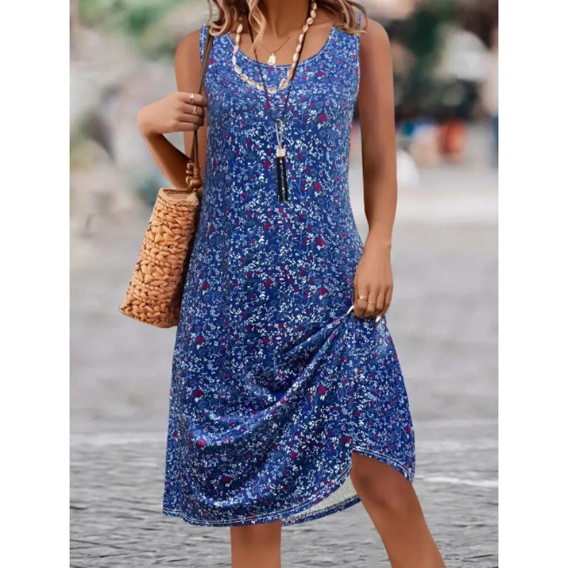 VEZFAA Dámská móda Léto Jaro Květinový potisk Bez rukávů Výstřih do O Volný pas Neformální šaty