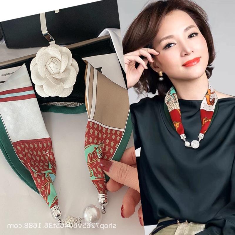New Luxury Design Magnetic Pearls Button Silk Scarf Women Summer Neck Ornament Silk Scarves Lady Shirt Sunscreen Decoration Gift