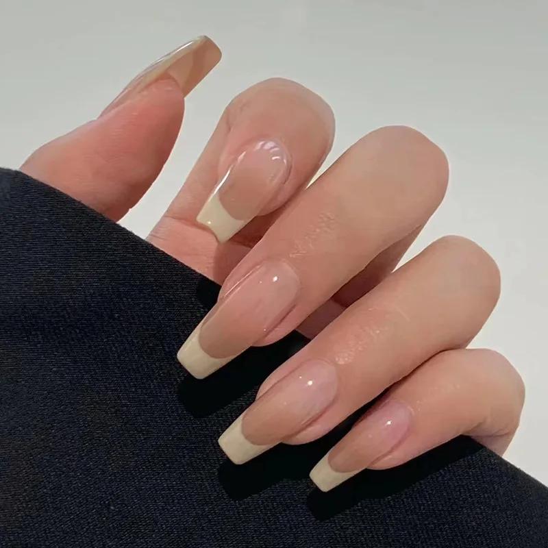 24Pcs French Tip Extra Long Ballerina Press On Nails Detachable Artificial Fake Nails Wearable Nail Art Tips