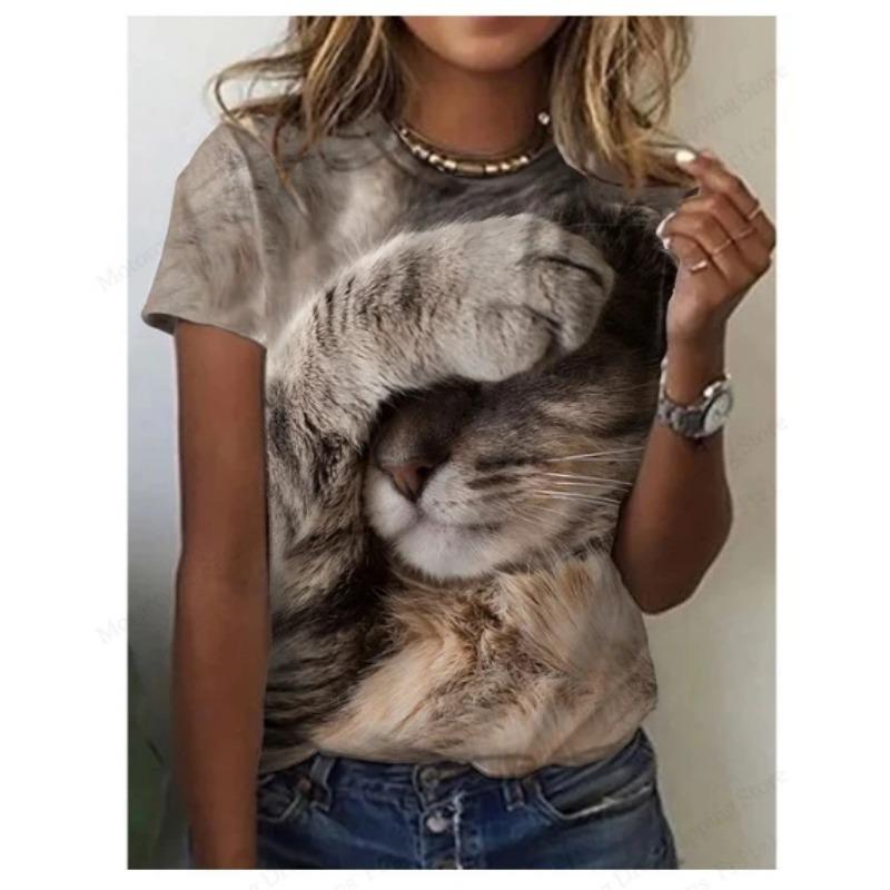 Summer Round Neck 3D Cat Print Top Fashionable Casual Short Sleeved Women's T-shirts