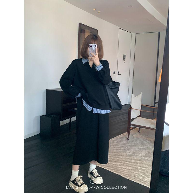 

Maxi Plus-Size Women s Faux Two-Piece Sweatshirt Dress Set for Spring, Slimming Top and Skirt Two-Piece Set for Plus-Size Women Black Skirt M