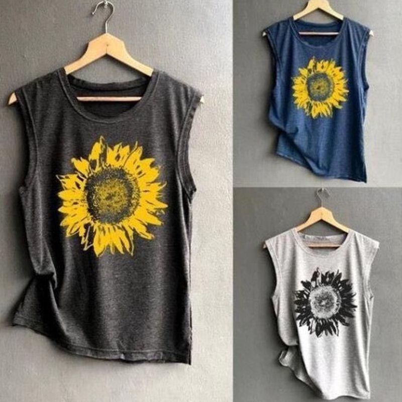 Womens Sleeveless Sunflower Tops Blouse Ladies Vest Tank Pullover Tshirts Tee
