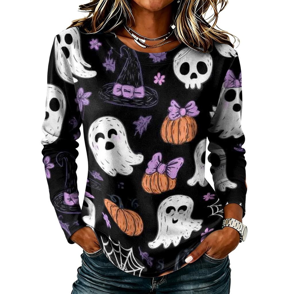 Women's Long Sleeve Top with Round Neck and Halloween Print for Casual Wear and Party