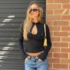 French hollow solid color bottoming shirt women's summer slim and thin stand-up collar long-sleeved T-shirt top wholesale