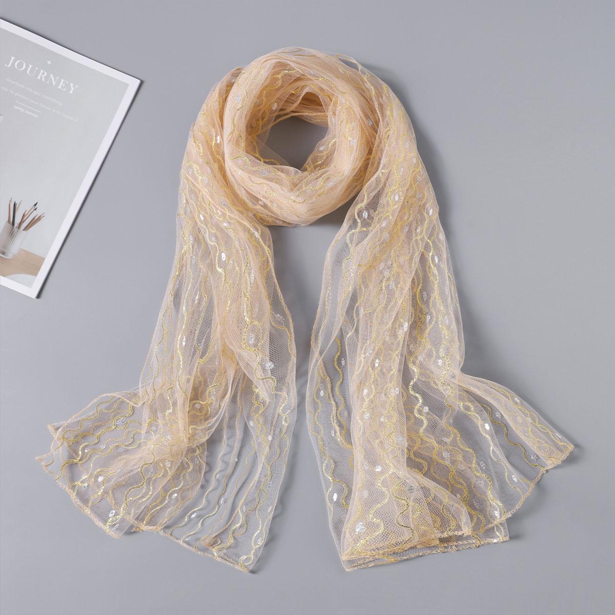 Glitzer Damen Mode Garn Langer Schal Diamantbesatz Spitze Schal Sommer Atmungsaktiv Bandana Für Damen Elegant Muslimischer Hijab beige