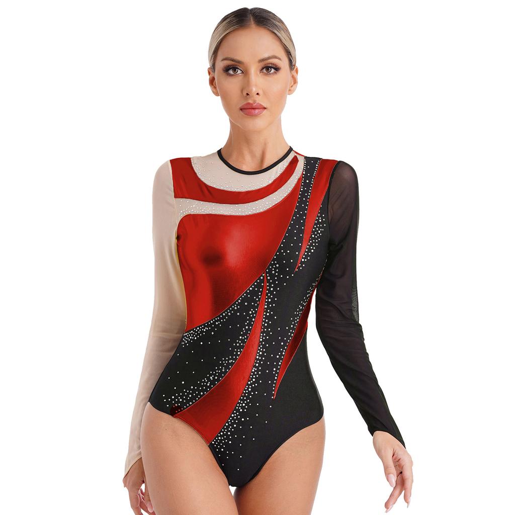 Womens Gymnastics Performance Metallic Patchwork Sheer Mesh Long Sleeve Leotard Cutout Back Shiny Rhinestone Bodysuit Dancewear