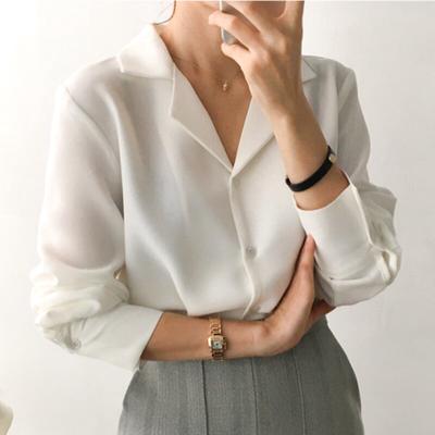 SURE XIAO STORY Dames Tops en Blouses Effen Omgeslagen Kraag Wit Chiffon Blouse Dameskleding