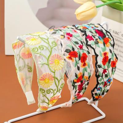 1 Stück Sommer Stickerei Blume Stirnband Netz Ethnisch Stil Blume Stoff Breiter Rand Hoher Schädel Stirnband Süß Bohemian Stil Stirnband