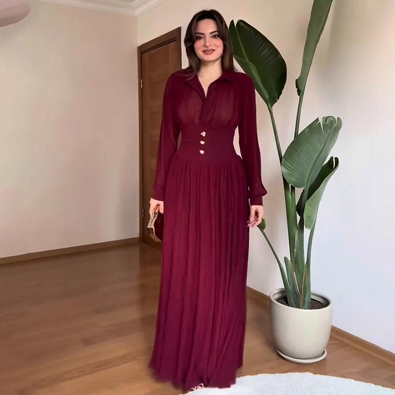 European Elegant Long-Sleeve Polo Collar Pleated Dress - Solid Color, New Style Fashion