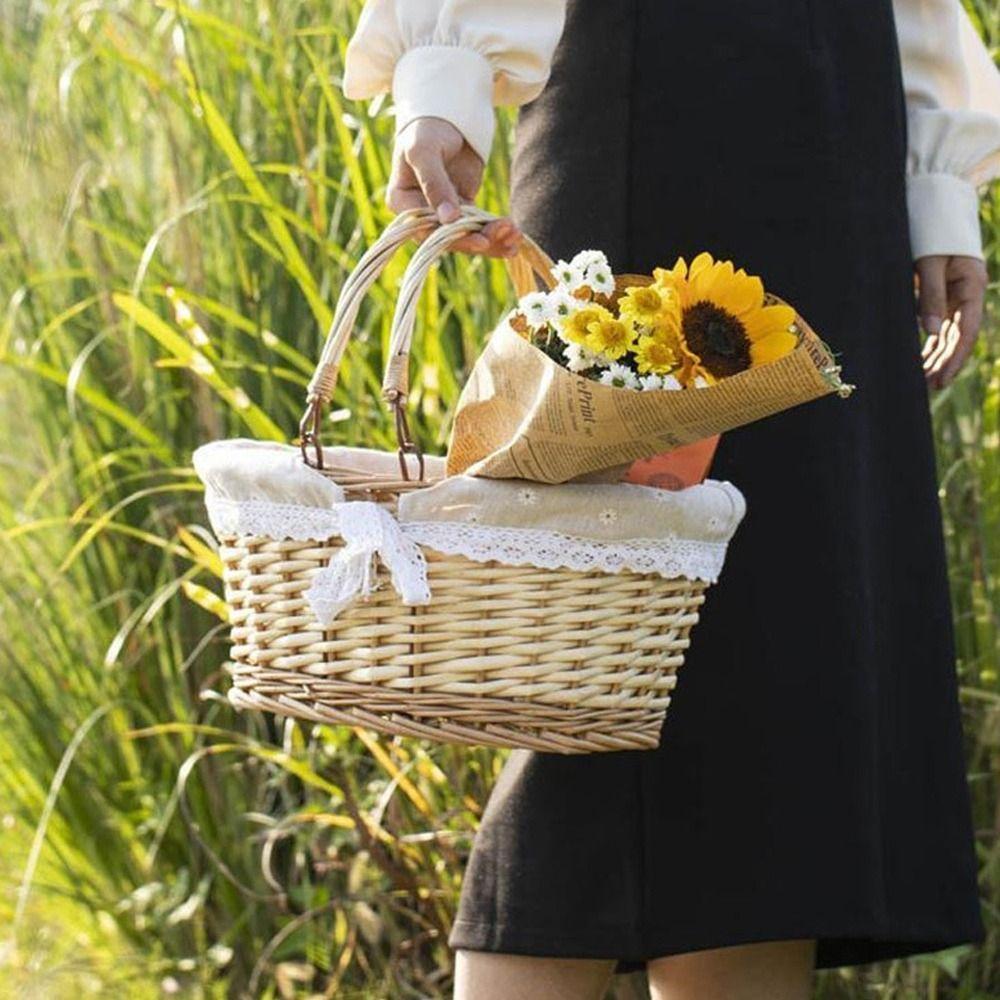 Multoclor Wicker Picnic Basket with Handle Large Capacity Hand Basket Weaving Design Handicraft Storage Basket Outdoor Picnic