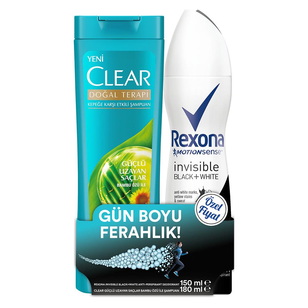 

Rexona Invisible Black & White женский дезодорант-спрей 150 мл + прозрачный шампунь для сильных растущих волос 180 мл набор