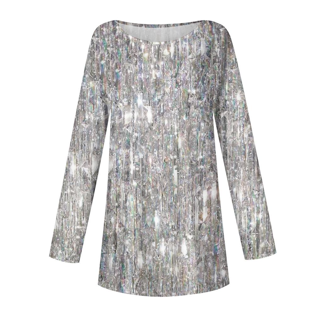 Women's Casual Round Neck Sequin Printed Long Sleeve T-Shirt Top